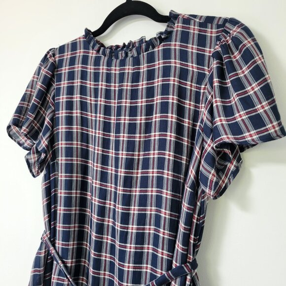 LOFT Plaid Ruffle Tie-Waist Dress Navy Red Plaid with Pockets Americana - Picture 3 of 12